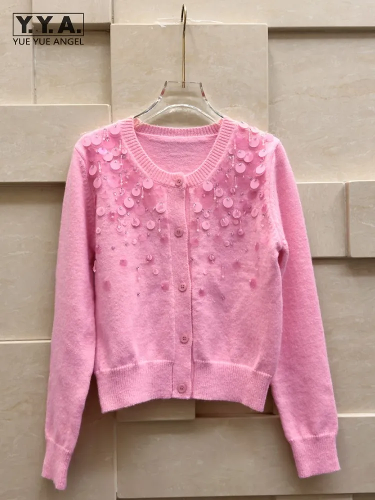

Модный элегантный женский новый вязаный кардиган с круглым вырезом, однобортный свитер с блестками и длинным рукавом, осенний женский трикотаж, женский повседневный