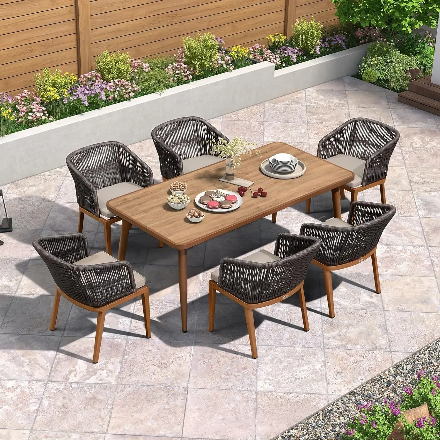 PURPLE LEAF 7 Pieces Patio Dining Set All-Weather Outdoor Metal Furniture Set with Cushions Wicker Patio Dining Table and Chairs