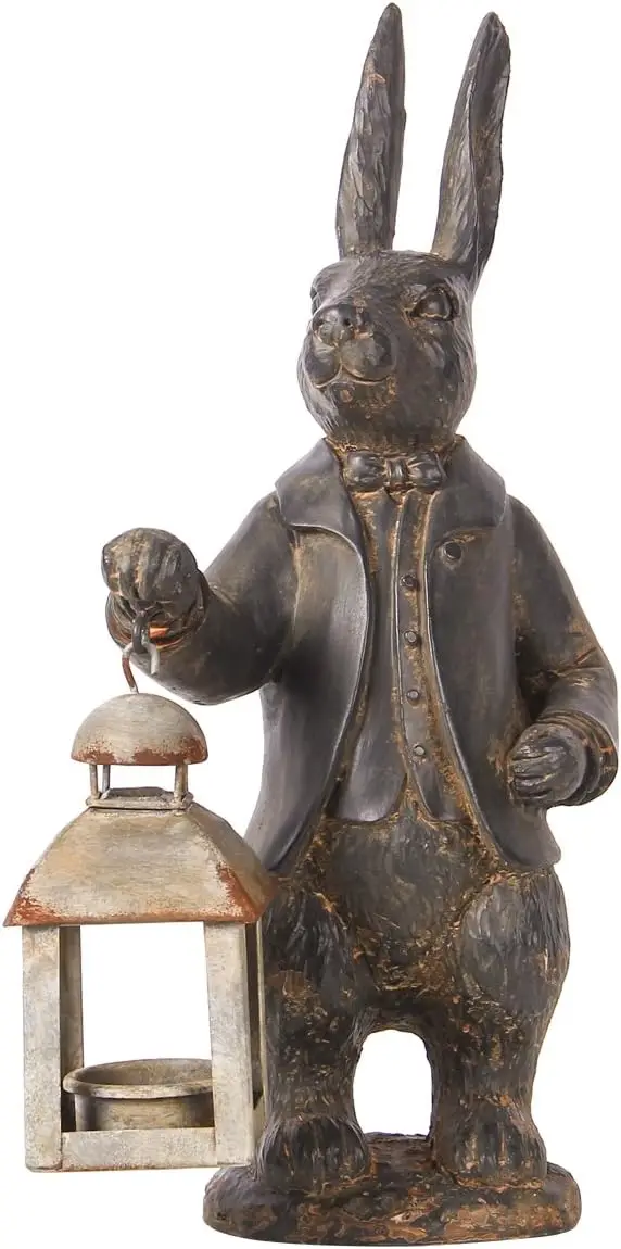 Vintage Resin Bunny Figurine with Lantern, Metal Rabbit Tealight Candle Holder for Garden Home Decor