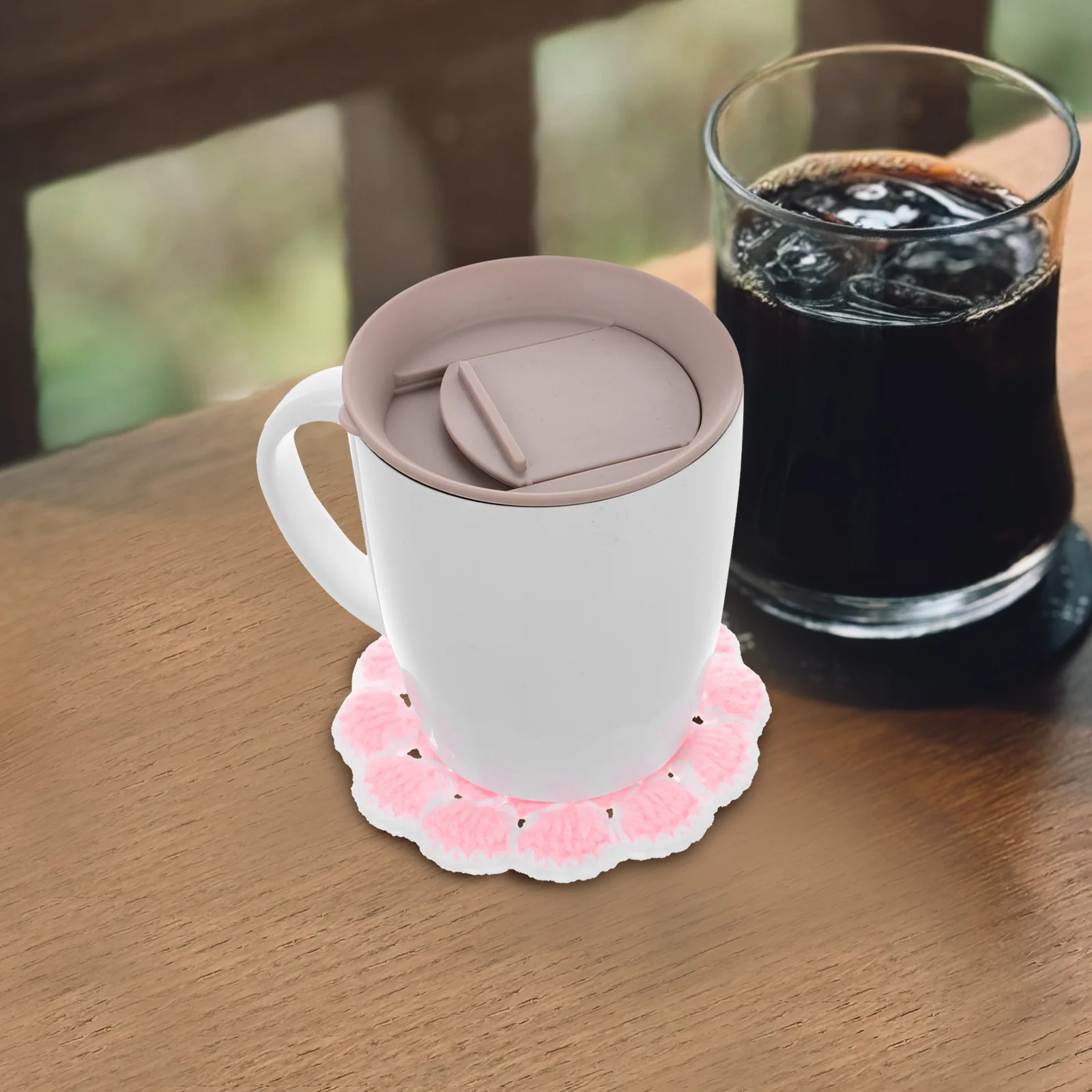 

Knitted Flower Coaster Pink Crochet Cup Mat Heat Resistant Desk Coaster Soft Protective Tumbler Pad Cute Coasters