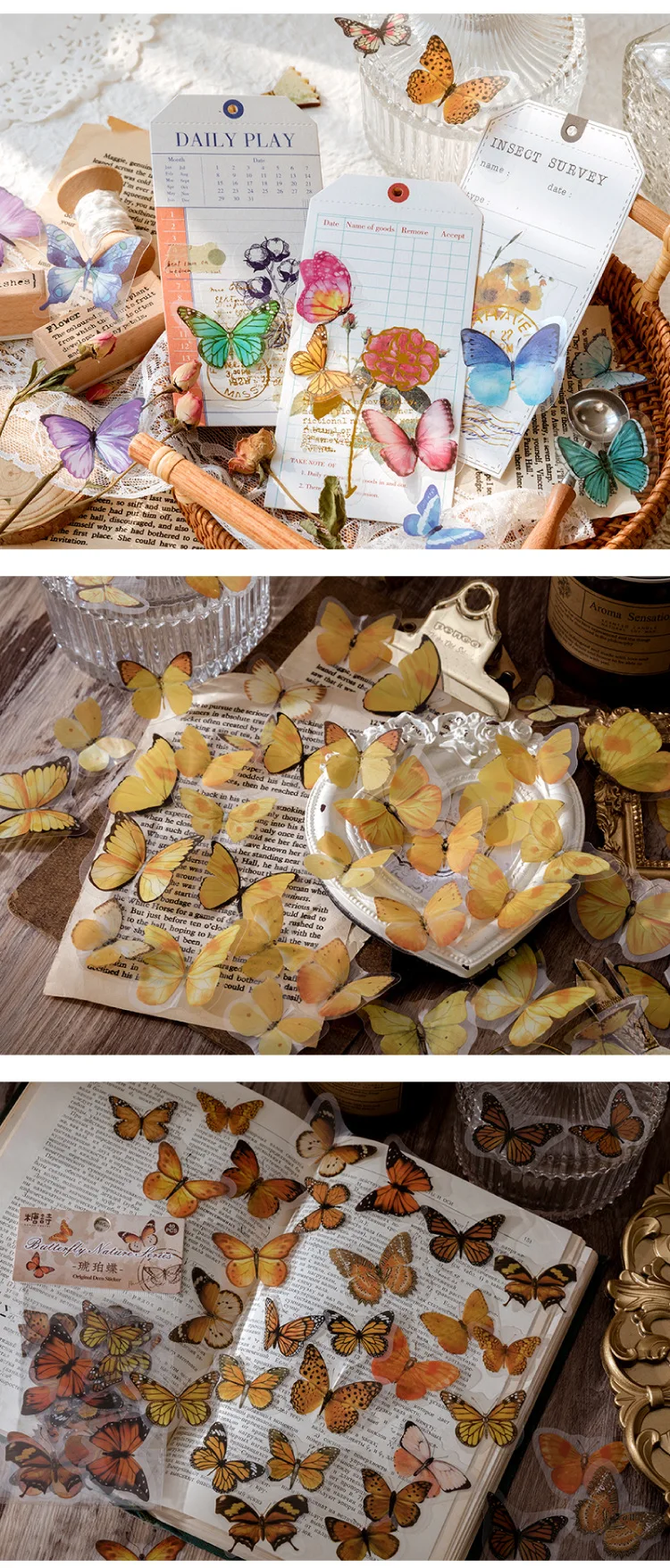 40pcs/pack Colorful Butterfly PET Sticker Bag Nature Series Retro Literary Journal Album Notebook DIY Decorative Sticker