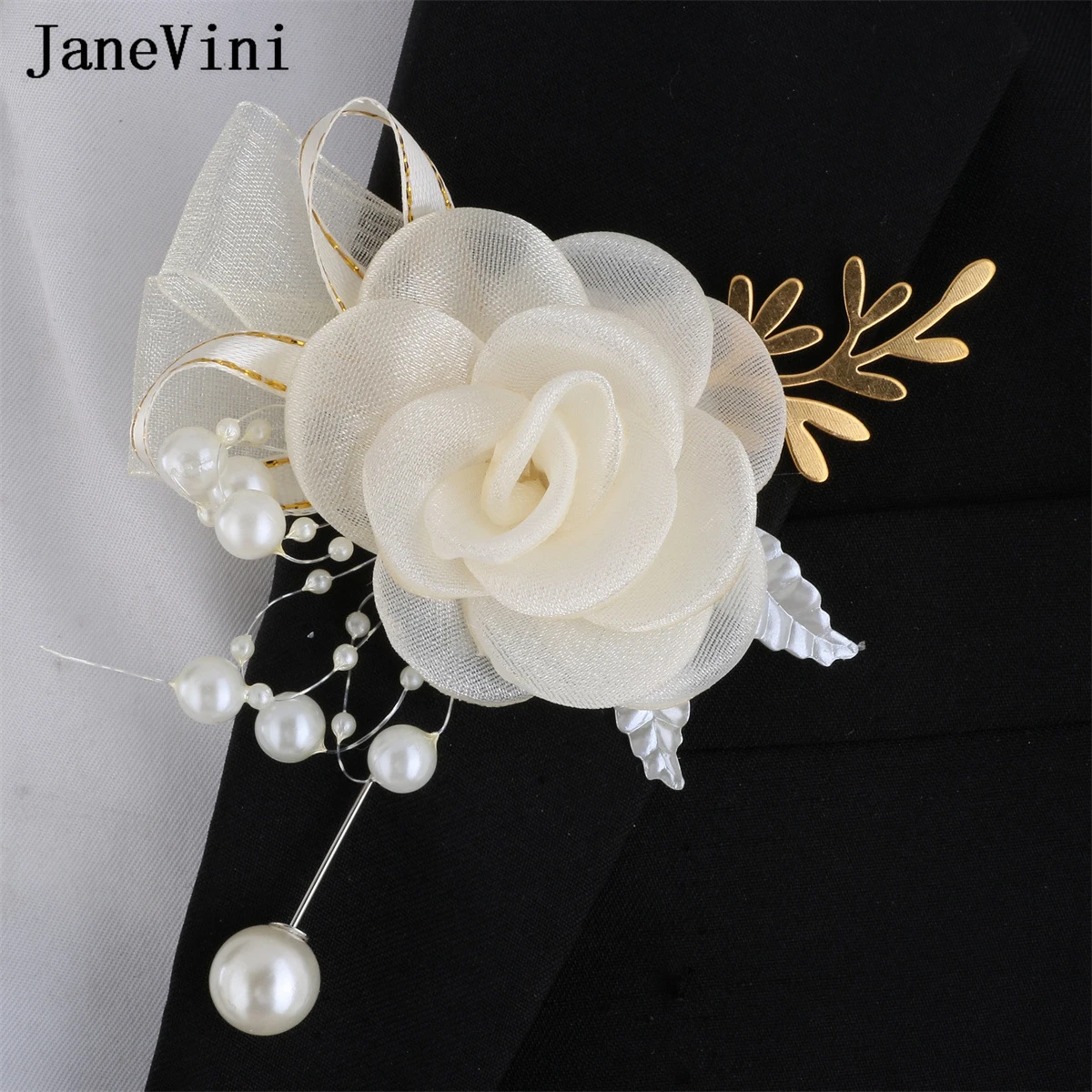 JaneVini Ivory Rose Wedding Bride Groom Boutinniere Mariage Pour Homme Bridesmaid Groomsman Wrist Corsage Men Suits Brooches New