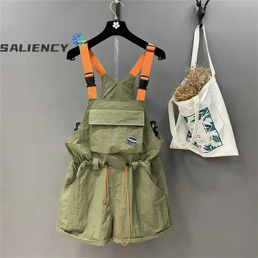 SALIENCY 2025 여름 오버롤 일본식 루즈 스트랩 캐주얼 포켓 드로스트링 허리 와이드 레그 롤드 헴 점프수트 쇼츠