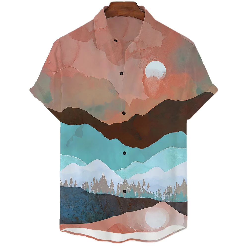 De Ondergaande Zon Inktprint Zomer Herenoverhemden Casual Oversized Korte Mouw Mode Single-Breasted Blouses Trend Heren Kleding