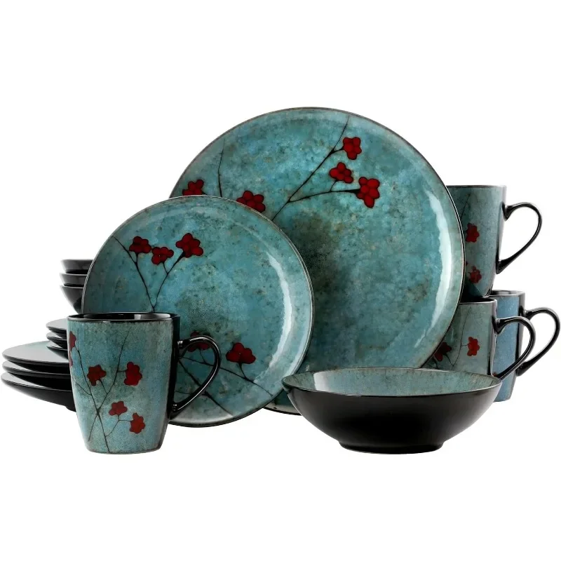 

Round Stoneware Floral Dinnerware Dish Set, 16 Piece, Blue with Red Accents