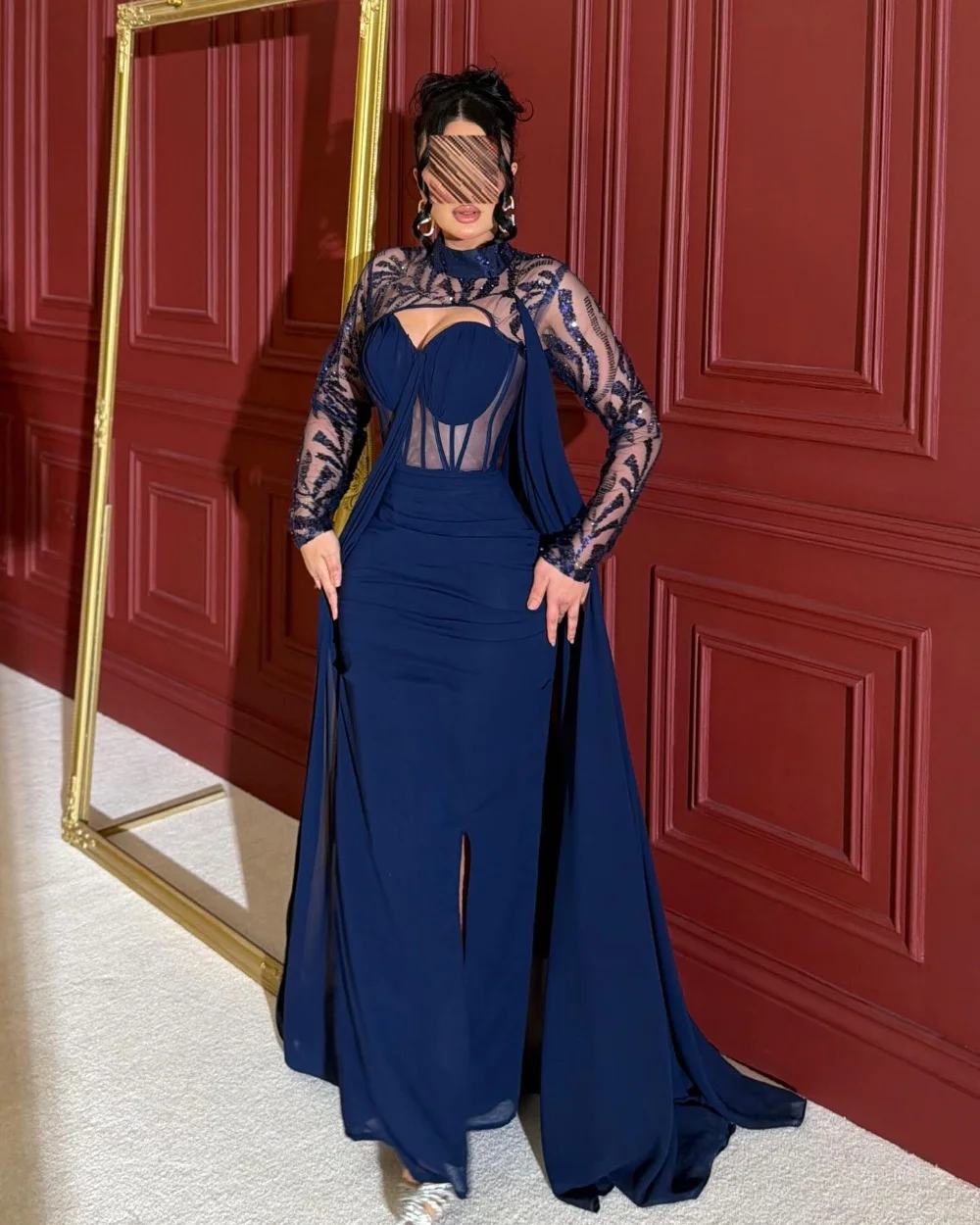 

Customized Navy Blue Luxury Modest Chiffon Beading Sequined Pleat Straight High Collar Long Dresses For Birthday Party Fashion