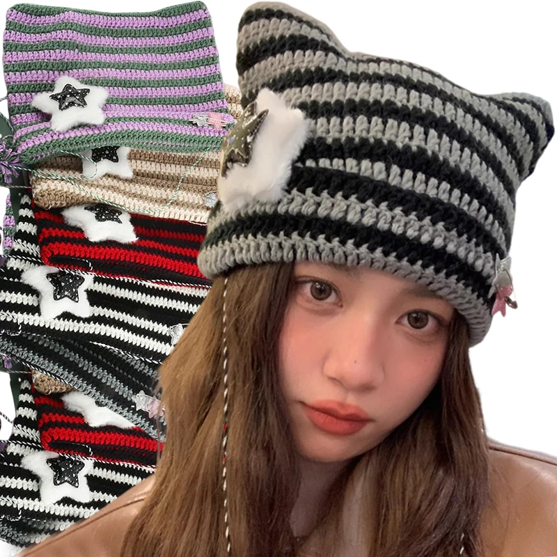 2023 New Handmade Beanies Hat Cute Five-star Cat Ear Striped Devil Winter Warm Pullover Knitted Cap Pompom Bonnets for Women