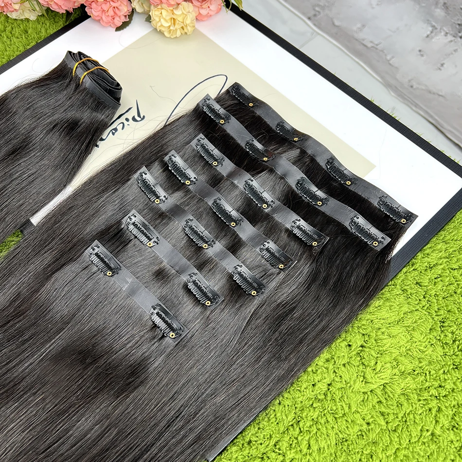 Straight Clip Ins Extensions 100% Human Hair 200 Grams/7Pcs/Bundle #1B Natural Black Color 18-24 Inch Full PU Weft Clips Hair