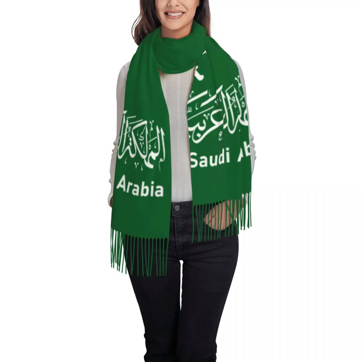 Custom Kingdom Of Saudi Arabia Tassel Scarf Women Soft Arabic Calligraphy Emblem Shawls Wraps Female Winter Scarves