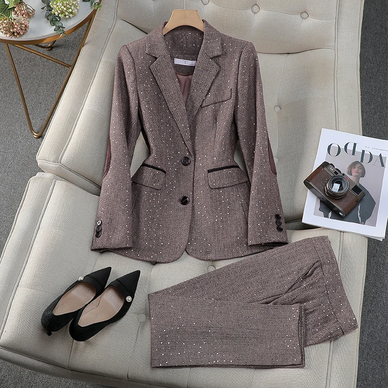 S-4XL Shiny Sequins Women Suits Office Sets Fashion Slim Single Button Turn Down Collar Blazers Vintage Flare Pants Suits