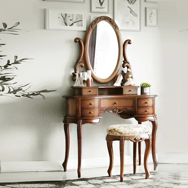 European Solid Wood Mirror Table Bedroom Dresser Amercia Princess Furniture Dark Villa Luxury Carved Makeup Table Dressing Table