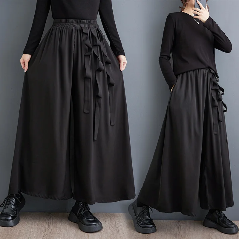 

Retro Punk Design Wide Leg Cropped Pants Women Autum Hong Kong Style High Street Fashion Pantskirt Solid Color Relaxation Trouse