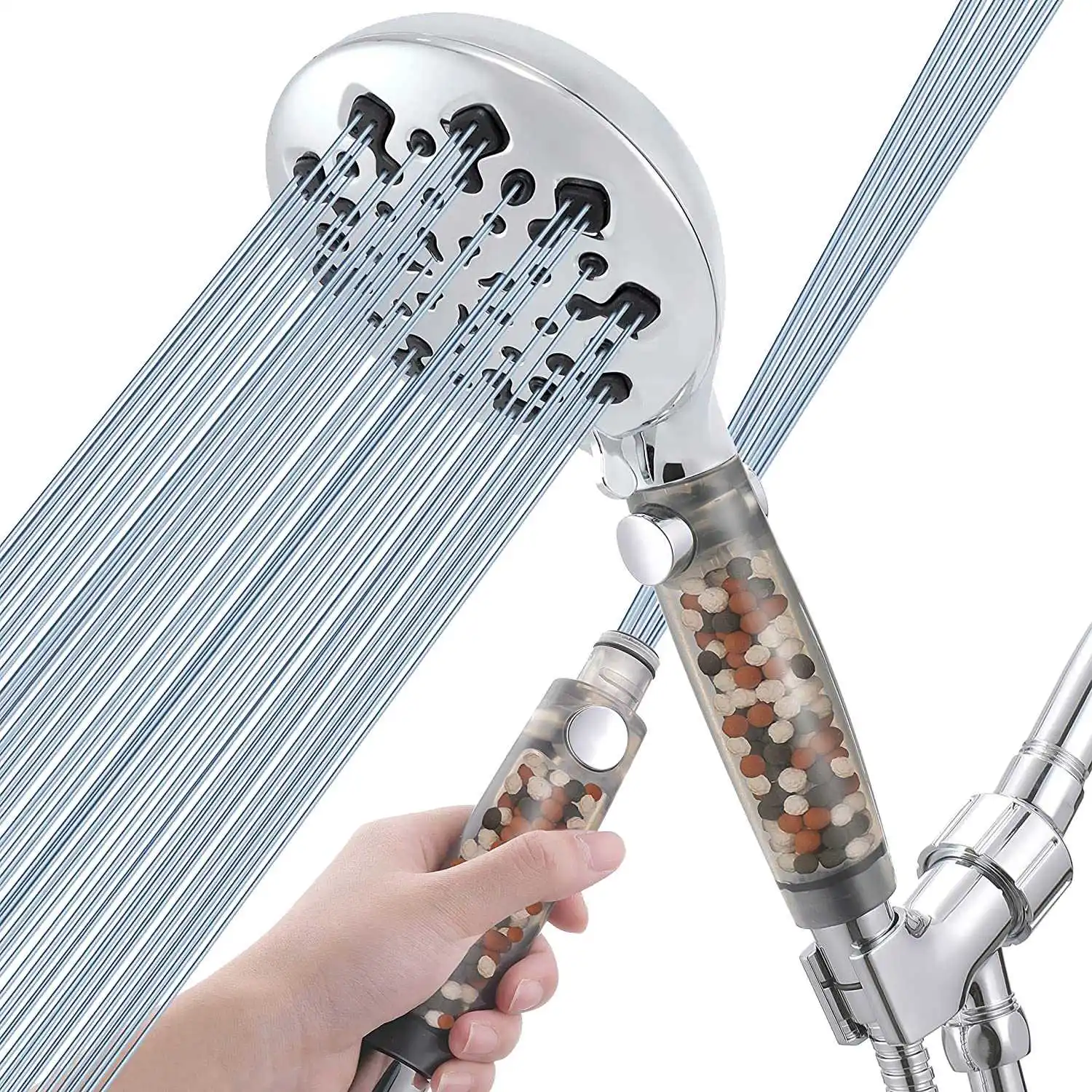 Filtered Shower Head, 9 Settings High Pressure Shower Head with Filter Beads and Pause Mode, Water Softener Filter