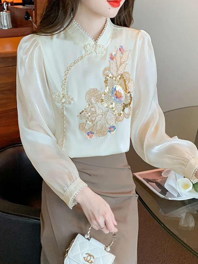 #2553 Spring Retro Chiffon Blouse Women Stand Collar Irregular Blouse Femme Long Sleeve Split Joint Sequined Flower France Style