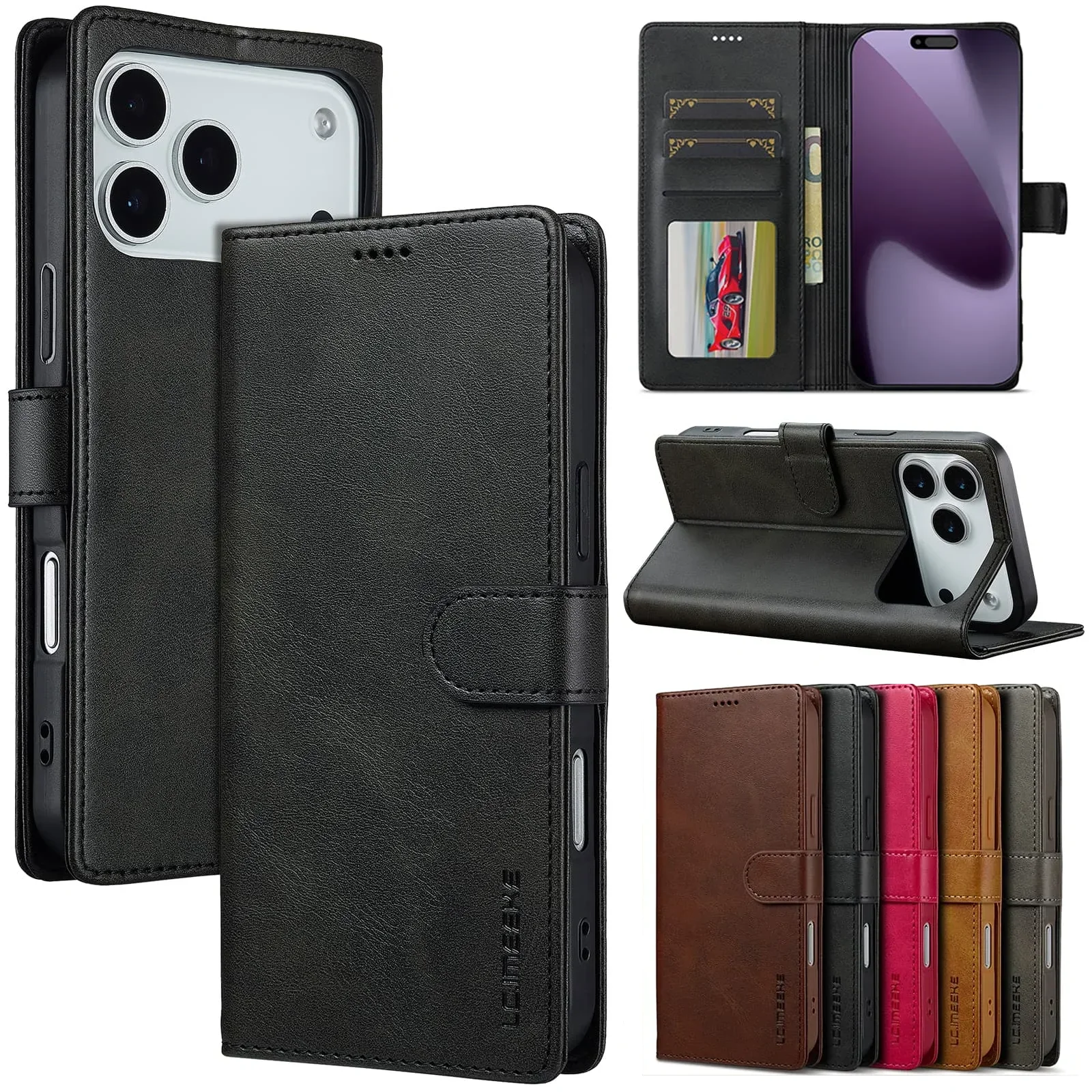 Leder-Handyhülle für iPhone 17 Air 16 16E 15 14 13 12 11 Pro Max Xs XR X 7 8 SE3 Magnetischer Klappkartenhalter Brieftaschen-Abdeckung Etui