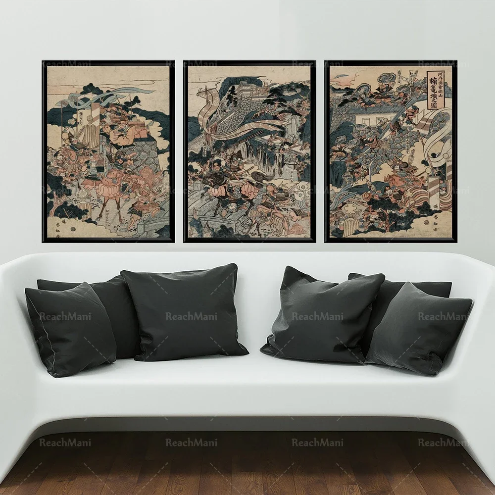 Vintage Japanese battle scene samurai triptych Vintage art Japanese warrior wall poster scene Ukiyo-e Ukiyo-e prints