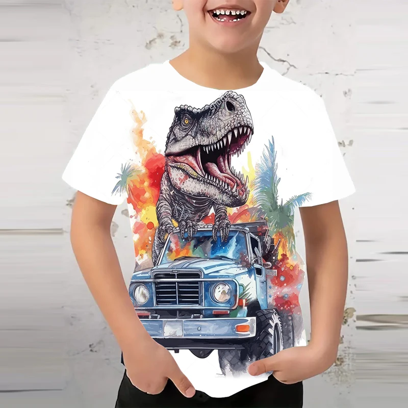 Dinosaur Car 3D Print maglietta per ragazzi 2024 abbigliamento per bambini estate Casual o-collo manica corta T-shirt bianca per un ragazzo bambini Top