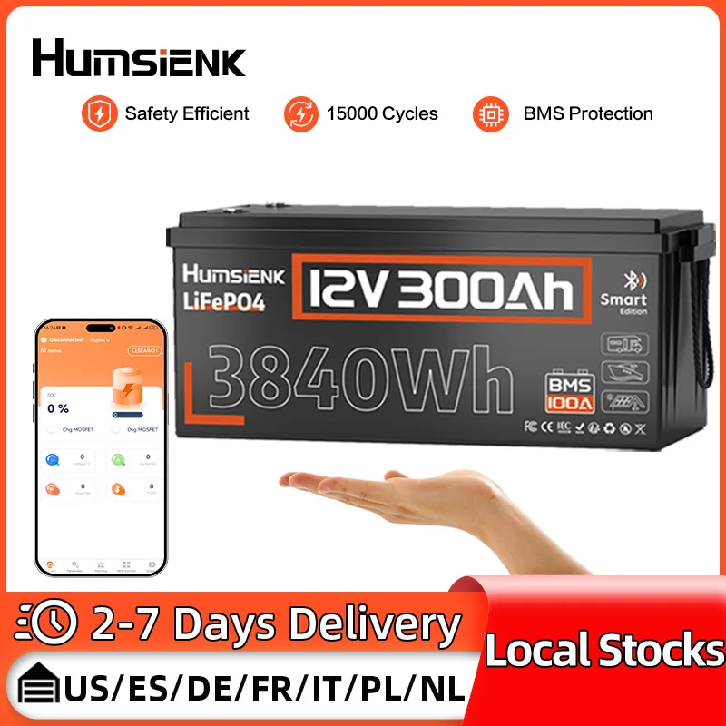 

Humsienk 12 В 300 Ач литий-железо-фосфатная батарея Bluetooth Встроенная 100 А BMS отличные ячейки A + для кемпинга, катания на лодках, рыбалки и т. д.