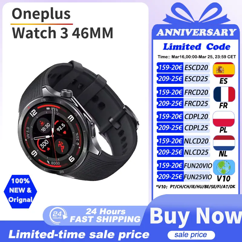 Montre connectée OnePlus Watch 3 version globale, écran AMOLED de 1,5 pouces, mémoire de 32 Go, Snapdragon W5, Wear OS par Google, IP68