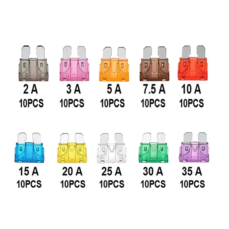 50-100 قطعة مجموعة متنوعة من فيوز السيارة الملف الشخصي متوسط الحجم نوع الشفرة فيوز السيارات سيارة شاحنة 2-35A فيوز مع مشبك صندوق 10 مواصفات
