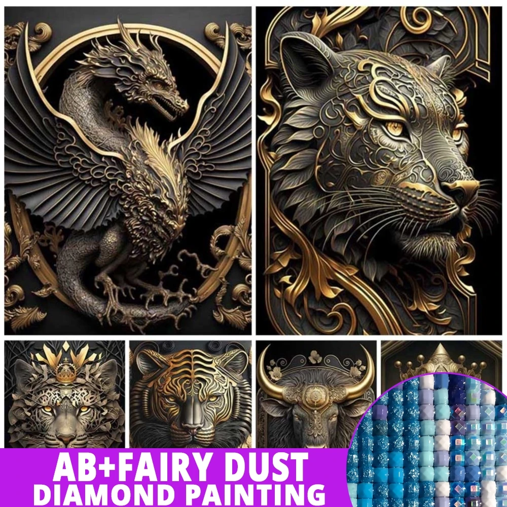 AB Diamond Painting Fairy Dust Metal Sculpture Gorilla King Golden Lion Tiger Deer Bull 5D Art Animal Statue Rhinestones Decor