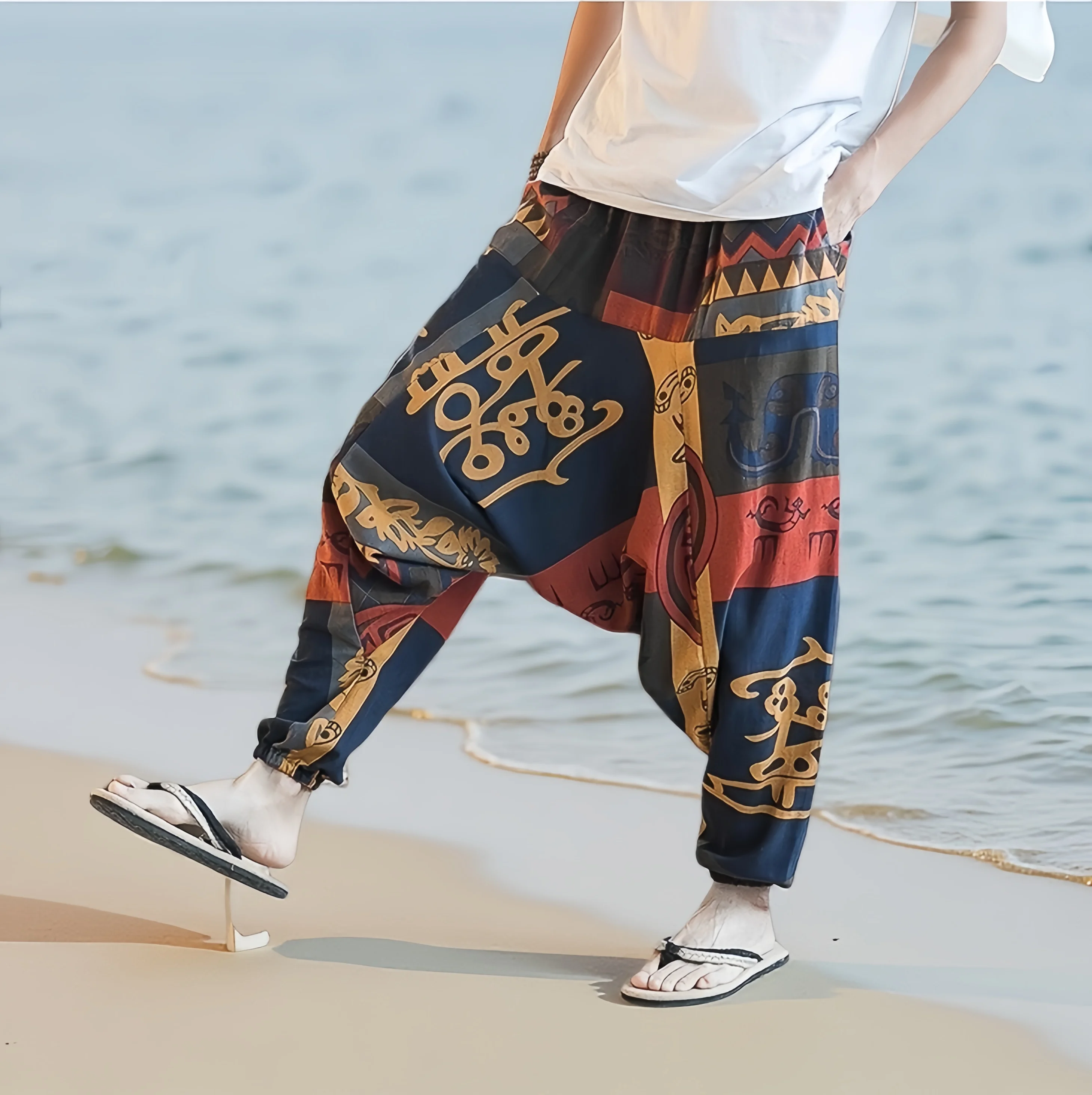  Euro Size Men's Casual Loose Drop Crotch Cotton-Linen Pants Paisley Ethnic Print Mid-Waist Drawstring Closure Spring/Fall Y2K
