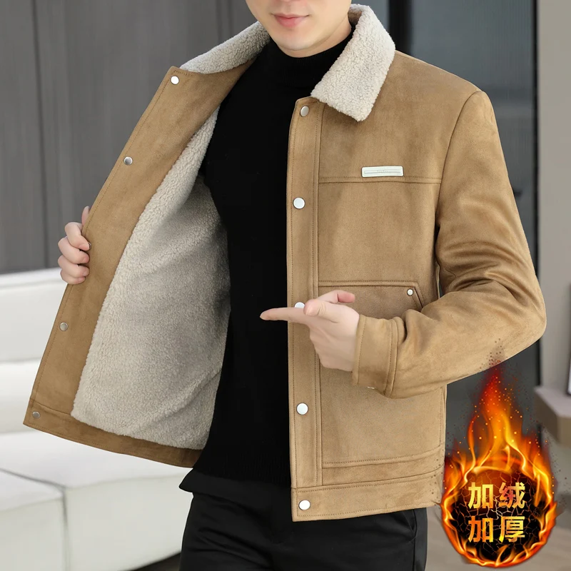 

2200, осенне-зимняя куртка с меховым воротником, мужская толстая овечья шерсть, деловая повседневная куртка, ветрозащитное пальто, социальная уличная одежда, верхняя одежда
