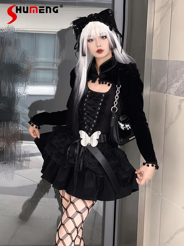 Court Style Dark Gothic Harajuku Aesthetic High Waist Slim Short Skirt and Coat Top Three Piece Sets Womens Outifits  Autumn New