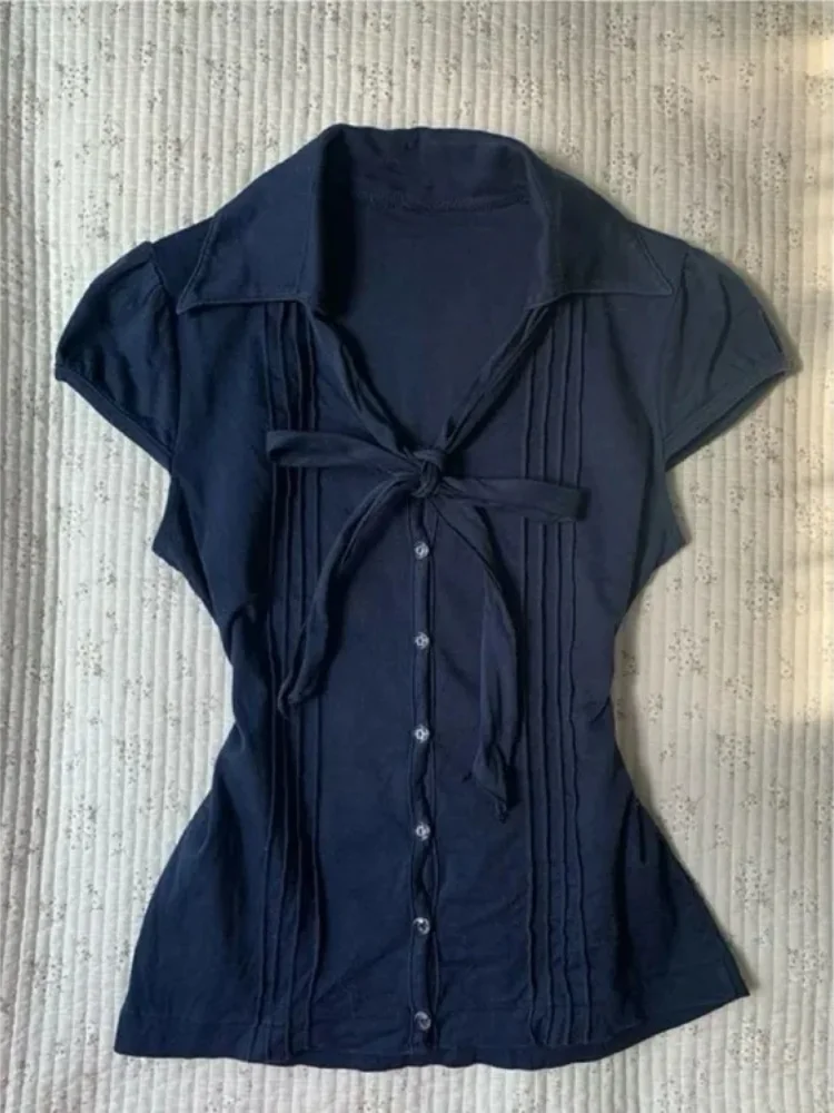 

Summer Blouse Women's Clothes Short Sleeve Vintage Shirts Temperament Tops 2025 Blusas Mujer De Moda Folds Bandage Bow Blouses