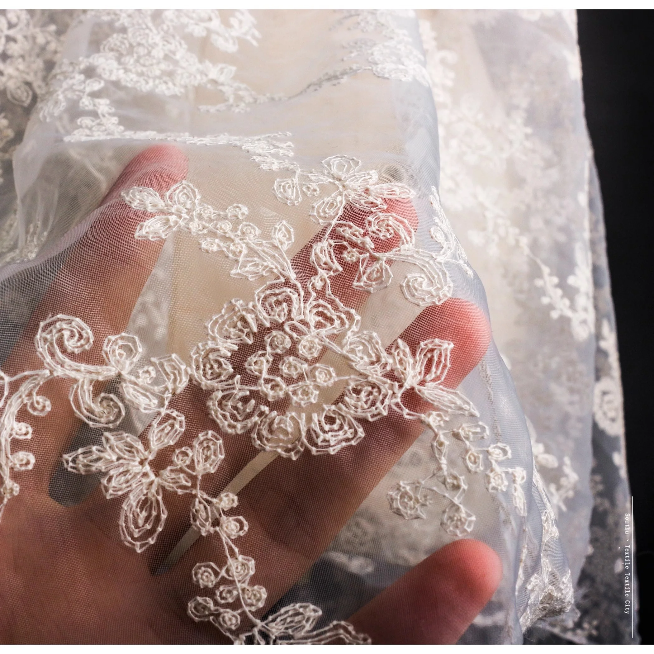 Beige white embroidery pattern mesh lace jacquard creative DIY semi-transparent wedding dress skirt designer fabric