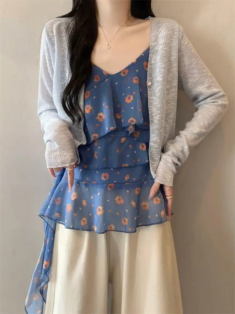 Floral Lace Trim Halter Vest Women's Summer Slimming Sun Protection Two-Piece Set Casual V-Neck Print Loose Fit Commute Style