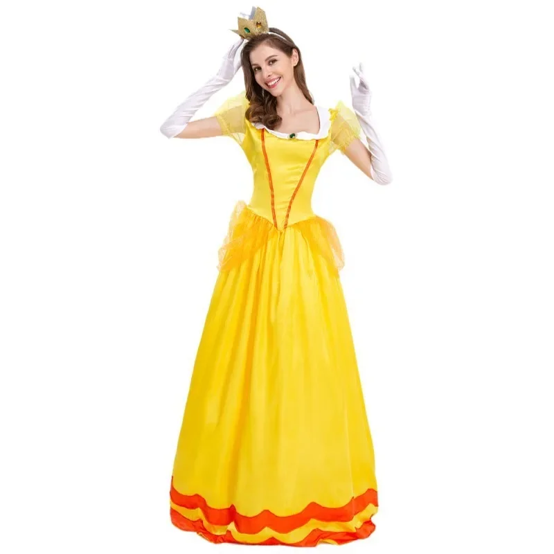 Super Marios Bros Daisy Princess Summer Dress for Women Adult Cosplay Costume Carnival Party Lady Dresses with Glove Crown Suit