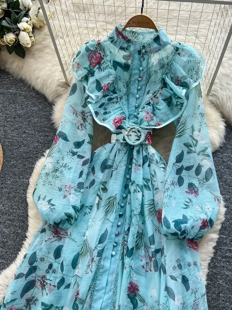 Ele Aosphere feminino Dr luxo com cinto cintura estampada saia longa cintura alta fibra de poliéster verão Ci commute linha A