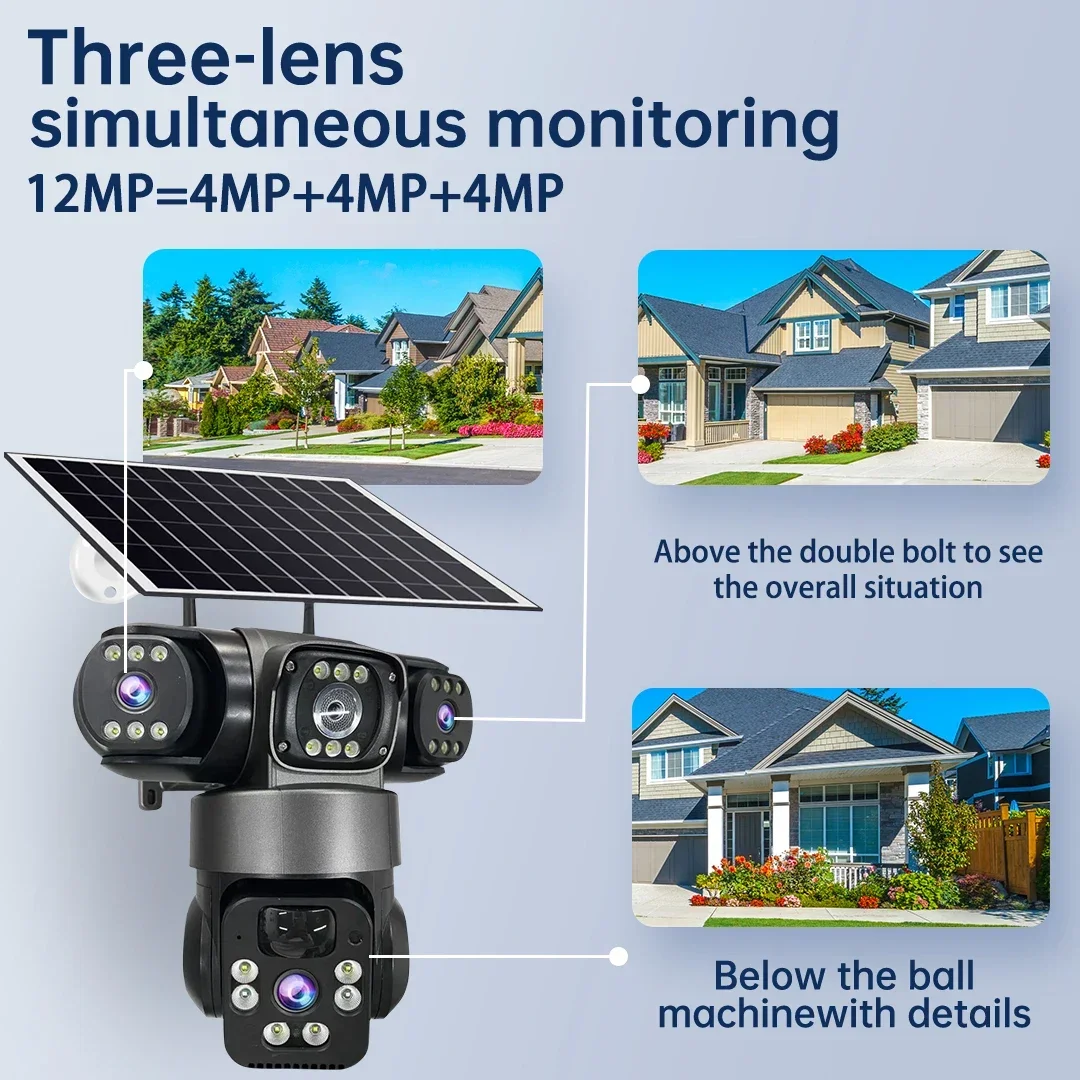 12MP 4G Sim Card Three Lens PTZ Solar Security Camera Three Screens PIR Detection Outdoor Wireless CCTV Surveillance IP Camera