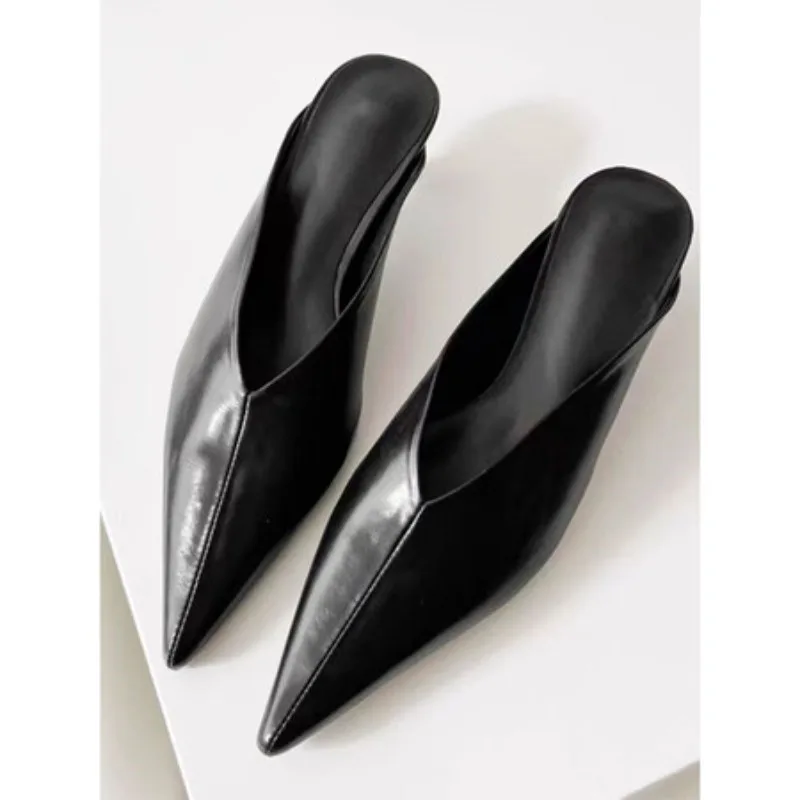 Pointed Leather Short Heel Muller Slippers 5cm Thin Heel White Sandals 35-43 Casual Women\'s Feet Sandals V-shaped Skirt Slippers