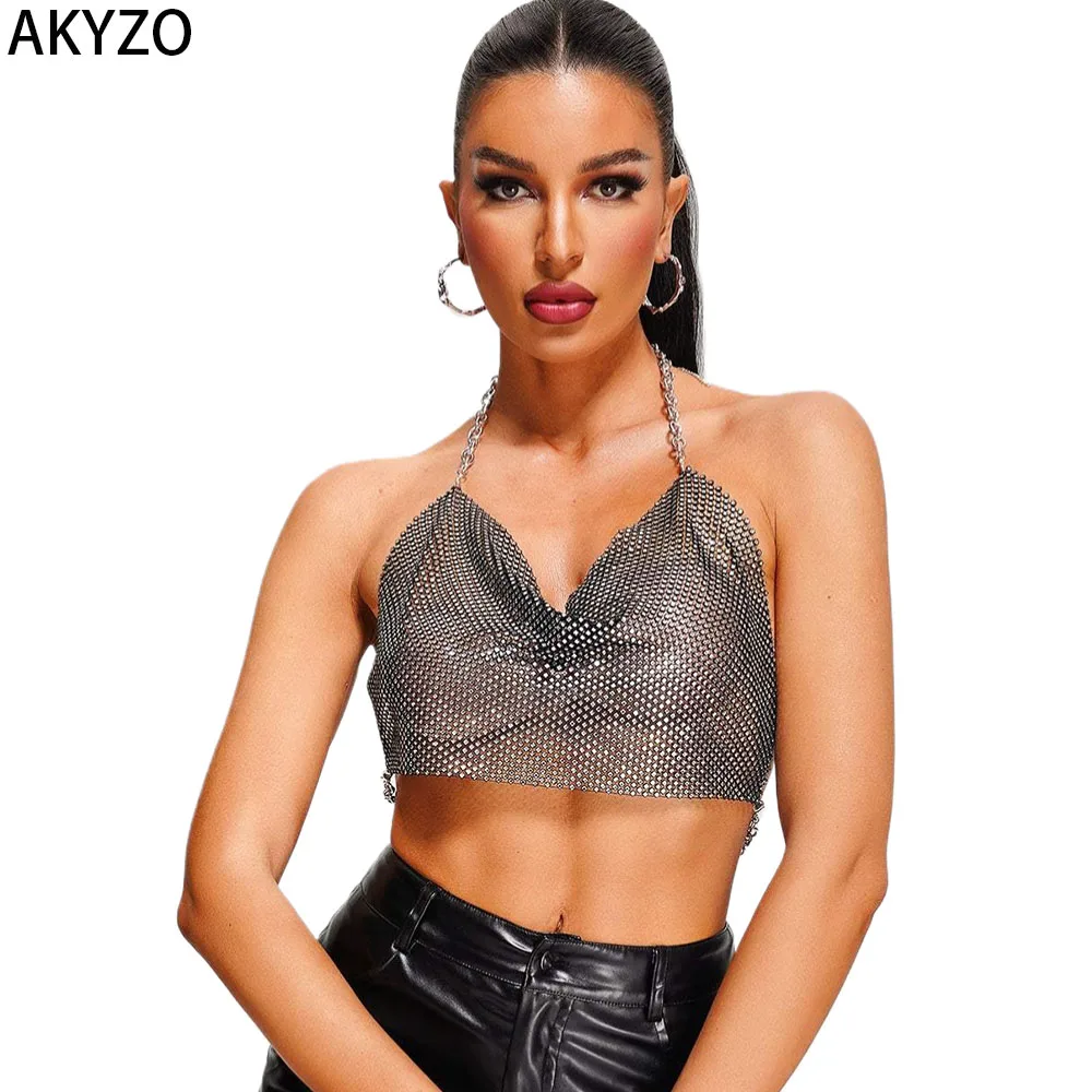 

AKYZO Women Sparkle Rhinestone Crop Tank Top Deep V Neck Body Chain Halter Cami Shirt for Club Party Rave