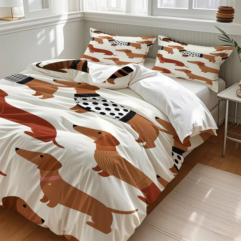 Cartoon Dachshund Bedding Set Cute Sausage Dog Duvet Cover Set Pet Puppy Printed Comforter Cover Animal Polyester Quilt Cover