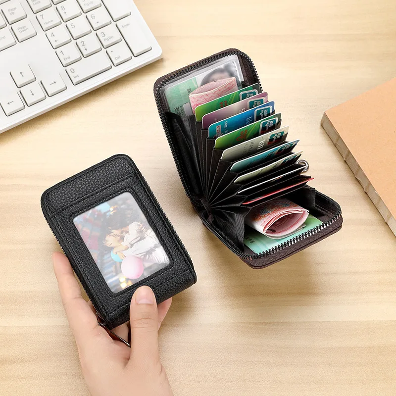 PU Credit Card Bag Multi Slot Card Holder Short Bank Card Cover Business Card Clip Zipper Vertical Handheld Bag for Women's Men' - view 3