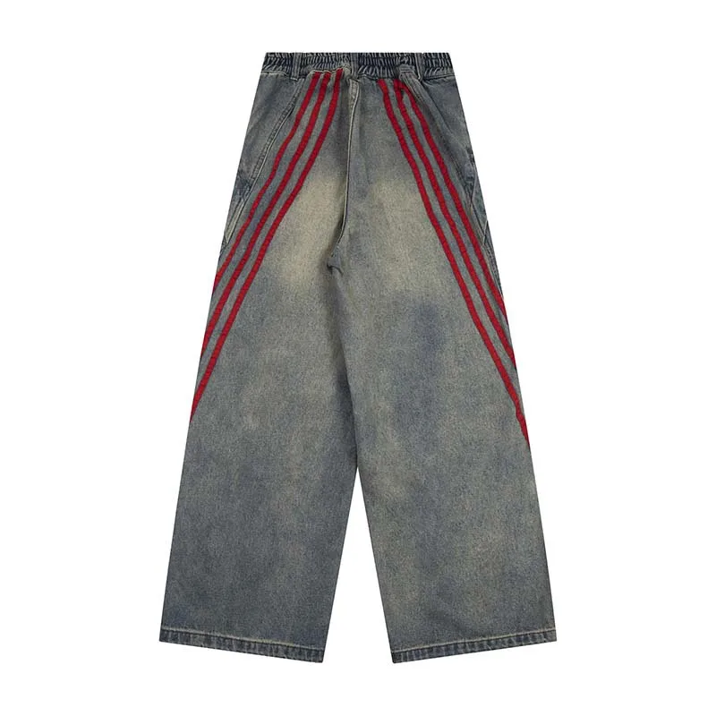 High Street Red Striped Jeans for Men Water Washed Distress Denim Jeans Women Baggy Wide Leg Pants Streetwear Y2k Clothes