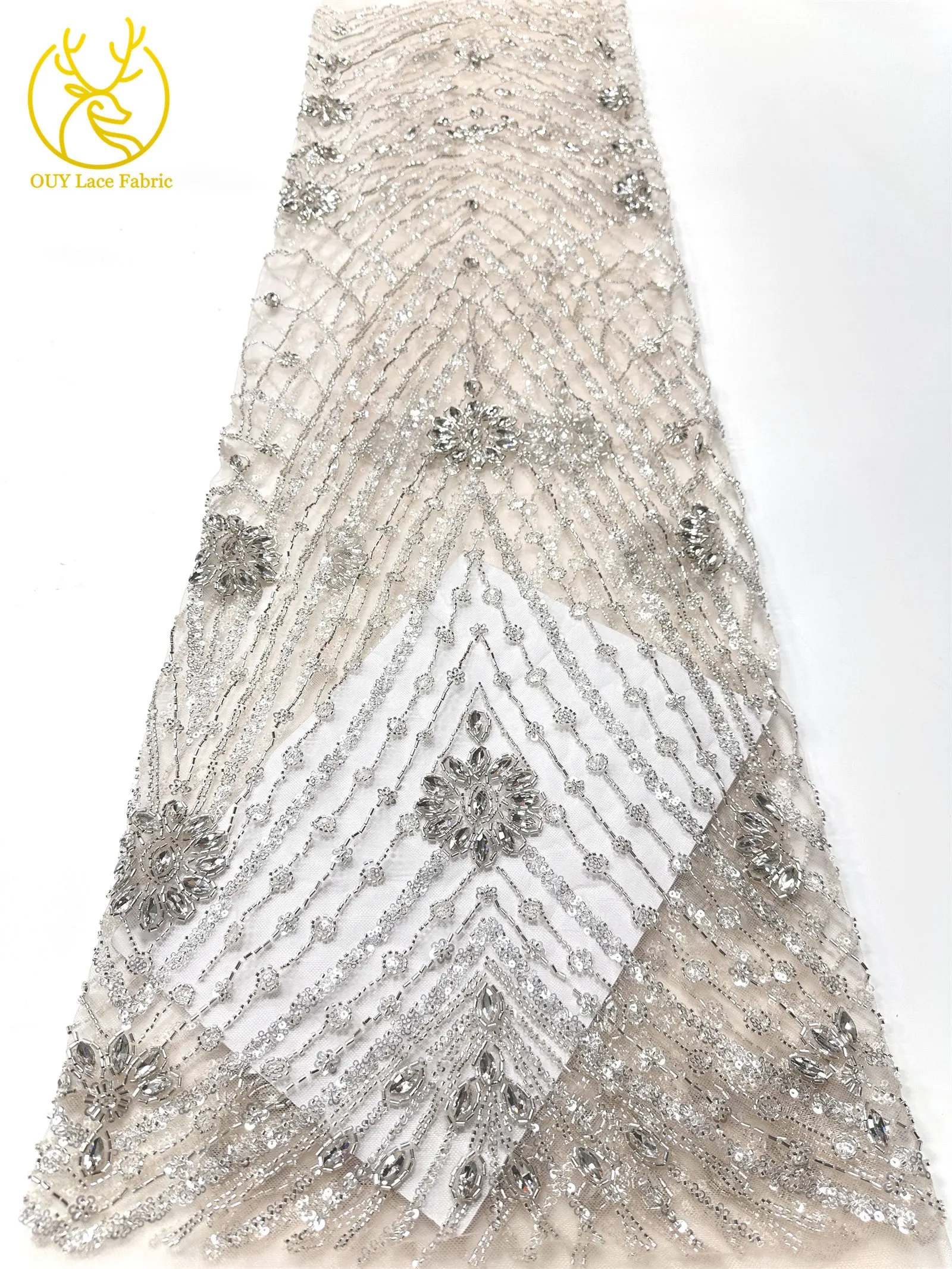 Neuester afrikanischer handgefertigter Perlen-Diamant-Spitzenstoff 2026, luxuriöser nigerianischer Pailletten-dunkelblauer transparenter Spitzenstoff für Hochzeitskleid – Detail 17