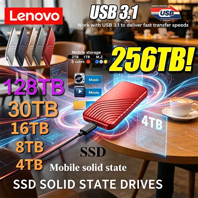

Внешний твердотельный накопитель Lenovo 256 ТБ, флеш-накопитель Type-C, высокоскоростной USB 3.1, 2 ТБ, 4 ТБ, 128 ТБ, портативный SSD-диск для ноутбука/ПК