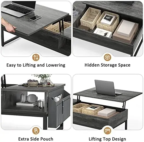 Table basse relevable avec rangement, table centrale relevable en bois, cadre en métal, table pop-up moderne réglable pour salon