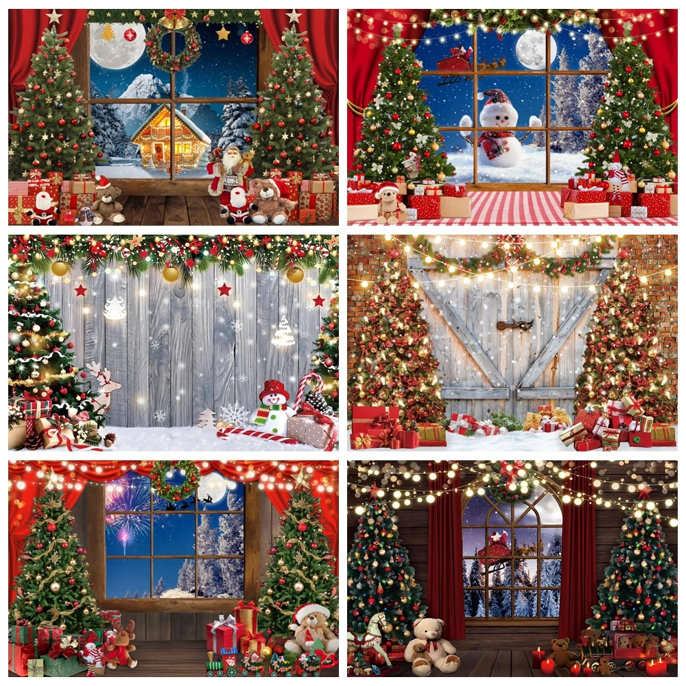 

Christmas Backdrop for Photography Xmas Trees Gifts Fireplace Santa Window Family Party Baby Portrait Background Photo Studio