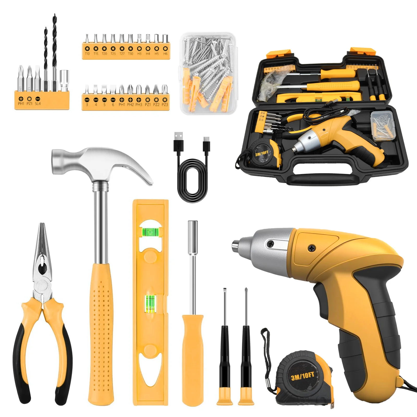 Destornillador eléctrico inalámbrico de 3,6 V y kit de herramientas para el hogar, recargable por USB, con luz LED, control de avance y