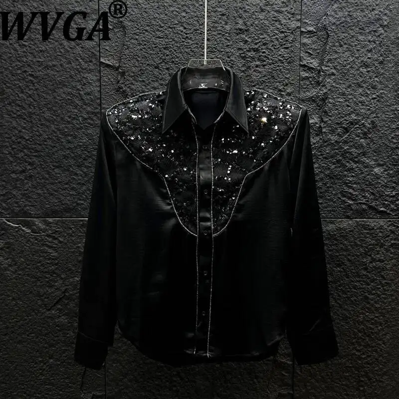 

WVGA Spring Summer New Men Lace Patchwork Long Sleeved Shirt Korean Style Trendy Loose-fit Draped Niche Light Luxury Tops W25241