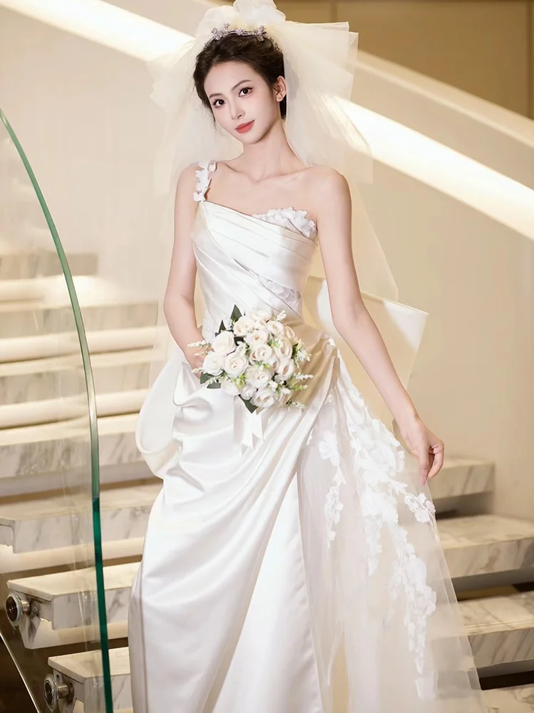 

Легкое кружевное свадебное платье, обручальное кольцо, атласное платье для невесты, вечернее платье для мероприятий на открытом воздухе, роскошное вечернее платье