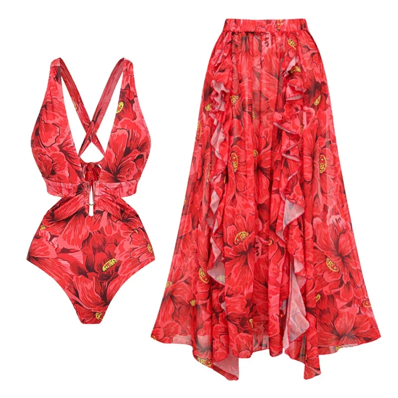 2025 Nieuw bedrukt badpak met cover-up dames bloemen badmode sexy badpak bikini's vrouwelijke bodysuit badpak strandkleding