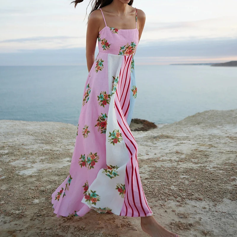 Summer Seaside Vacation Sexy Off Shoulder Graffiti Print Sling Dresses Fashion High Waisted Pleated Long Dresses Dress for Women