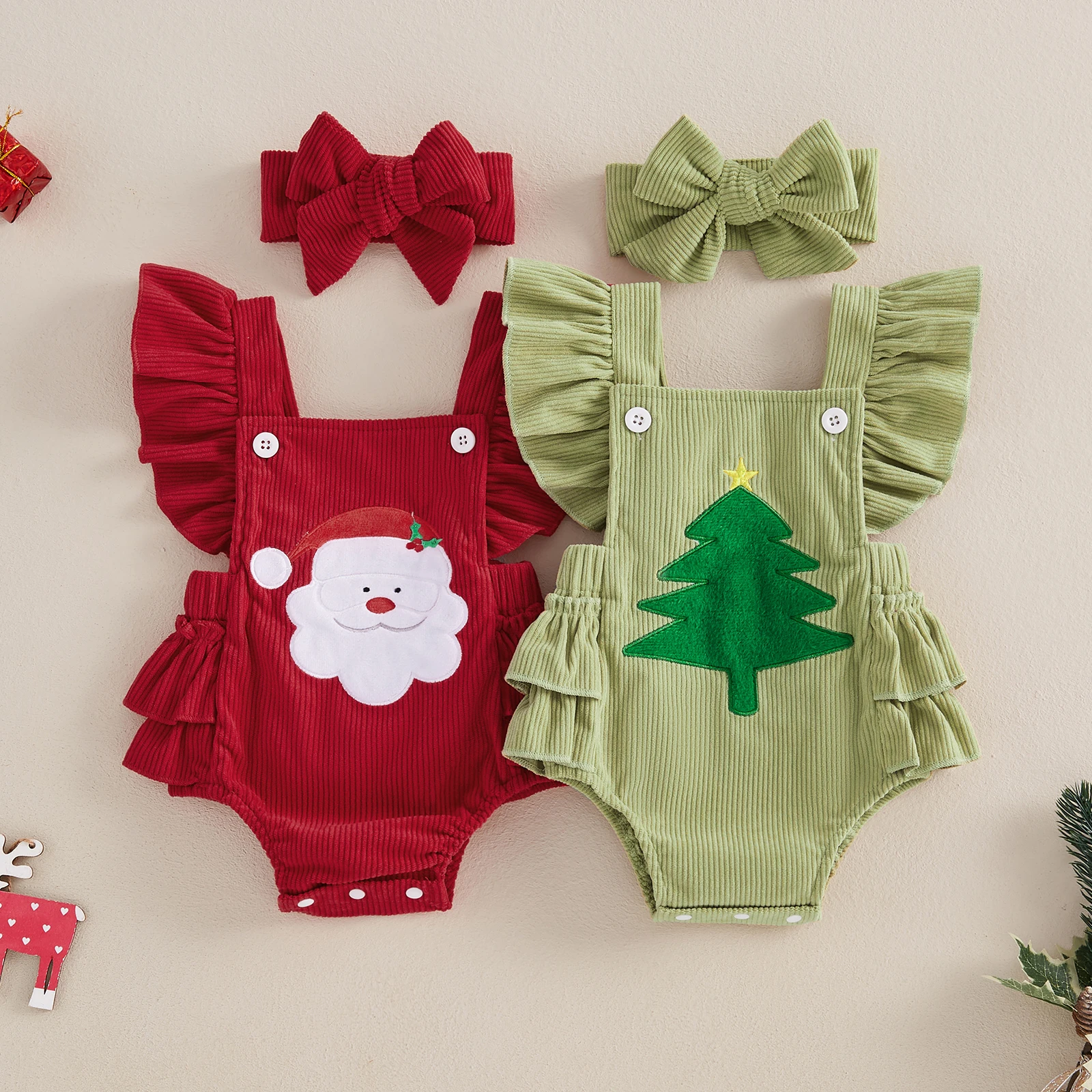 SUNSIOM Baby Girl Overalls Romper Christmas Tree/Santa Embroidered Sleeveless Square Neck Corduroy Jumpsuits Headband