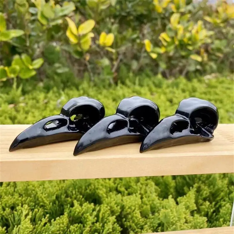 Natural Black Obsidian Crow Skull Crystal Carved Reiki Healing Gemstone Figurine Crafts Home Decor Ornament Gift 1PCS